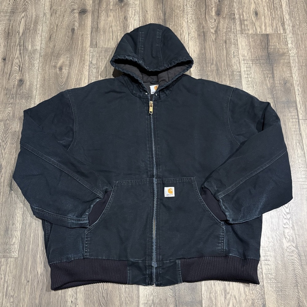 Vintage Carhartt Jacket Mens 2XL Black Canvas Hooded Union Tag J140 USA Workwear